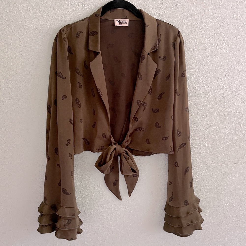 Show Me Your Mumu Olive Tied Top with Ruffle Sleeves and Paisley Print